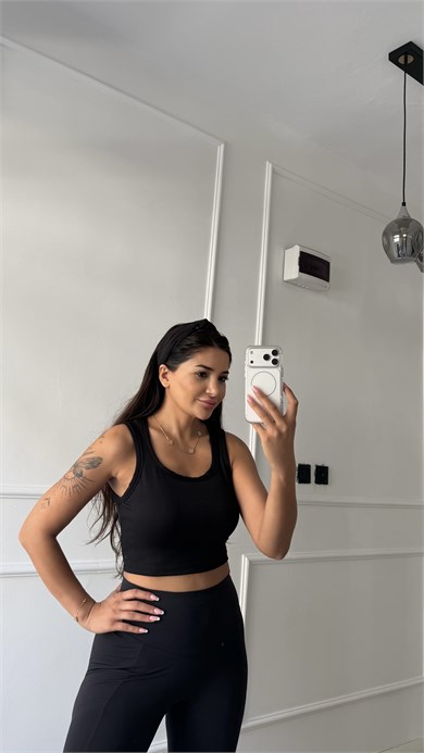 Premium Fit Ribana Crop Esnek Atlet  Siyah