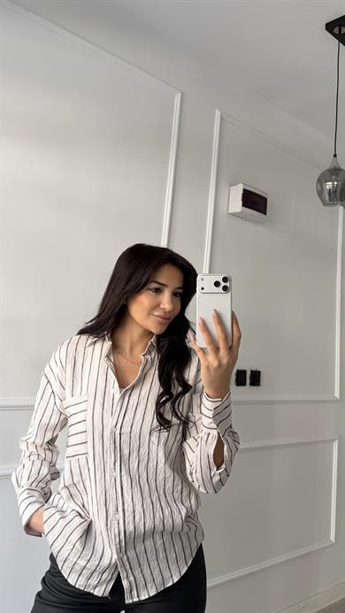 Premium Kalite Çizgili Gömlek Ekru
