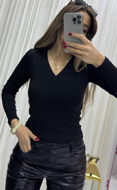 Premium Kalite  V Yaka Regular/Normal Kalıp Örme Bluz- Siyah