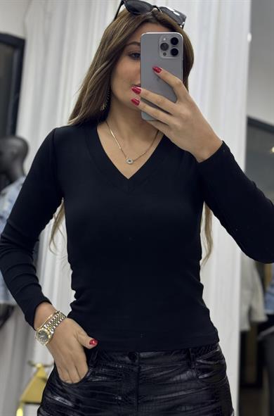 Premium Kalite  V Yaka Regular/Normal Kalıp Örme Bluz- Siyah