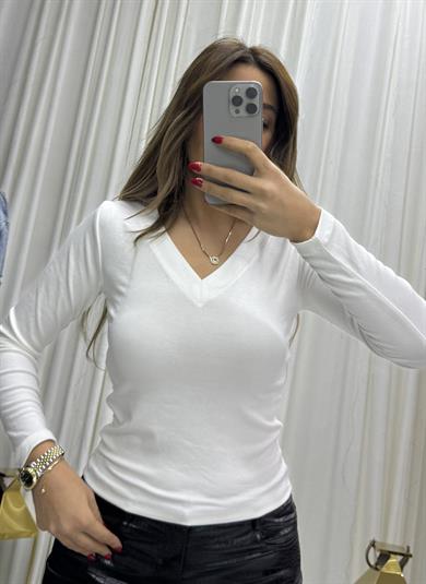 Premium Kalite  V Yaka Regular/Normal Kalıp Örme Bluz- Beyaz