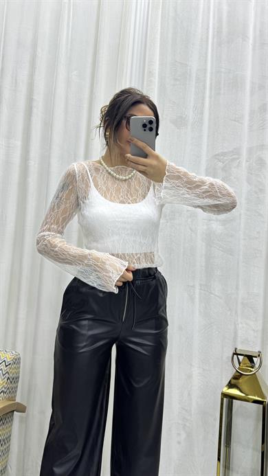 Regular Fit Kayık Yaka Dantel Esnek Örme Bluz