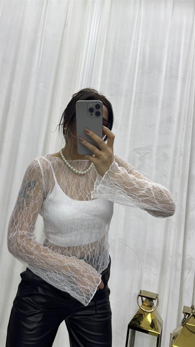 Regular Fit Kayık Yaka Dantel Esnek Örme Bluz