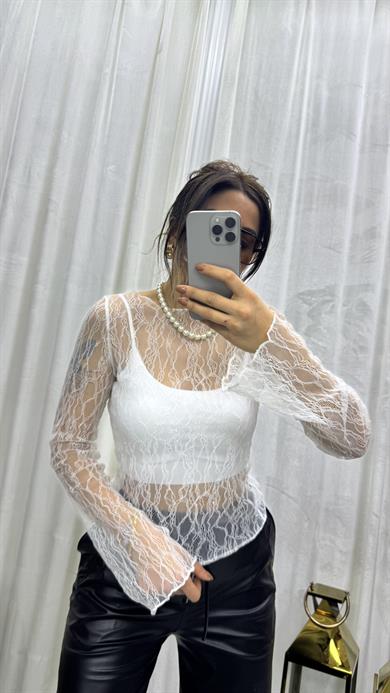Regular Fit Kayık Yaka Dantel Esnek Örme Bluz