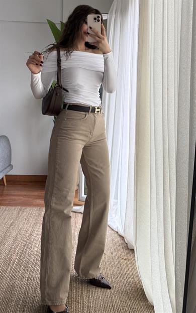 Regular Fit Yüksek Bel Geniş Paça Açık Kahve Jean Pantolon