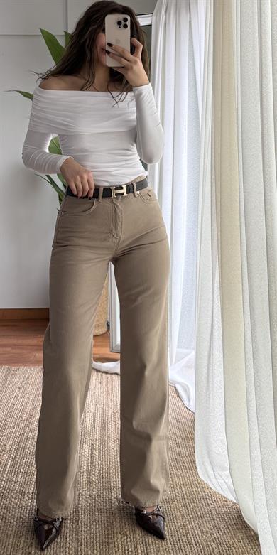 Regular Fit Yüksek Bel Geniş Paça Açık Kahve Jean Pantolon