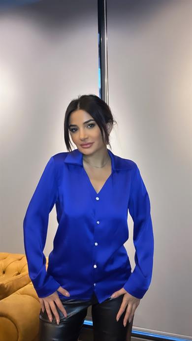Saks Mavi Basic Uzun Kollu  Kadın Saten Gömlek