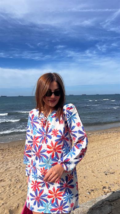Salaş Keten Desenli Günlük Mavi Elbise