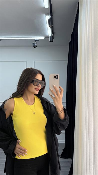 Sarı Esnek Bisiklet Yaka Kaşkorse Geniş Askılı -Bluz