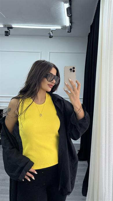 Sarı Esnek Bisiklet Yaka Kaşkorse Geniş Askılı -Bluz