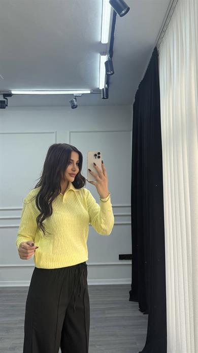 Sarı Polo Düğmeli Yaka Uzun Kollu Triko Kazak