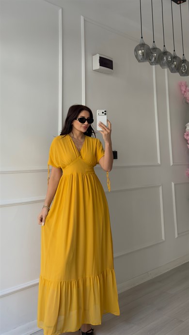 Sarı V Yaka Dökümlü Sifon Elbise