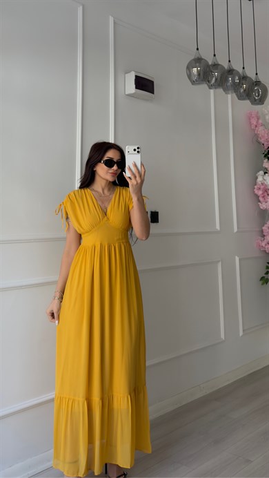 Sarı V Yaka Dökümlü Sifon Elbise