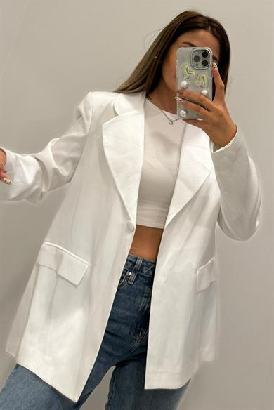 Saten Blazer Ceket - Beyaz
