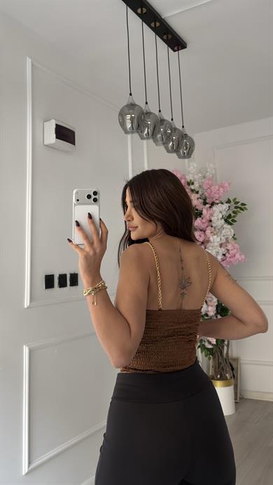 Kahve Saten Zincir Askılı Gibeli Büstiyer