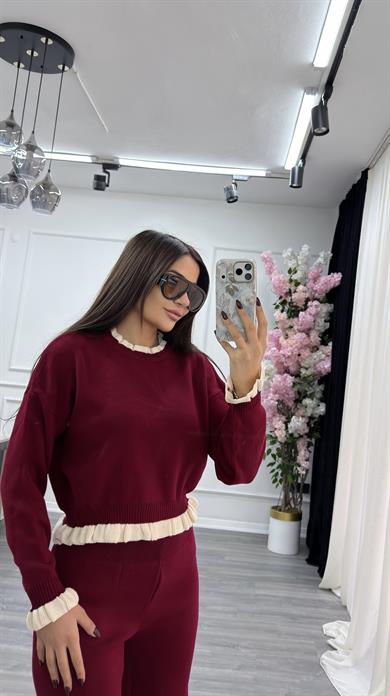 Şeritli Alt-Üst Triko Takım-Bordo
