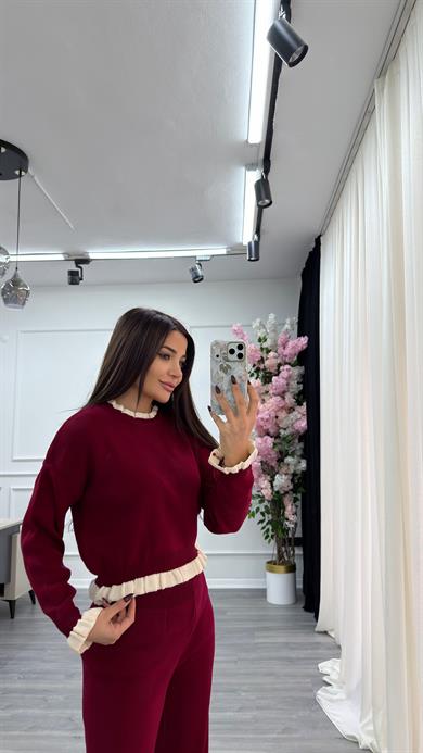 Şeritli Alt-Üst Triko Takım-Bordo