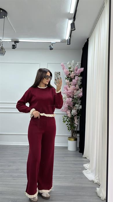 Şeritli Alt-Üst Triko Takım-Bordo