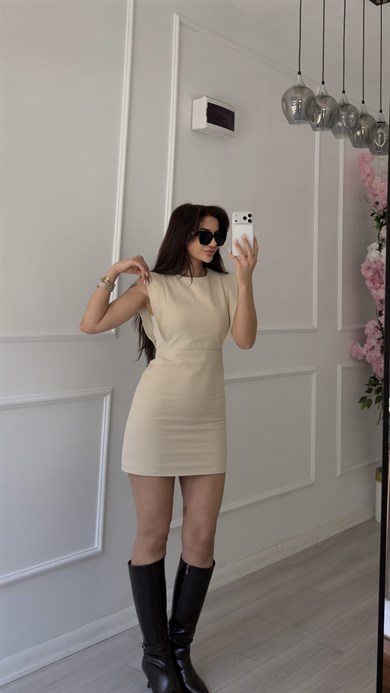 Sırt Fermuarlı Bej Gabardin Elbise