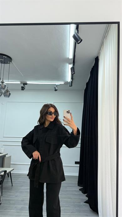 Siyah Bağlamalı Ceket ve Pantolon Denim Takım