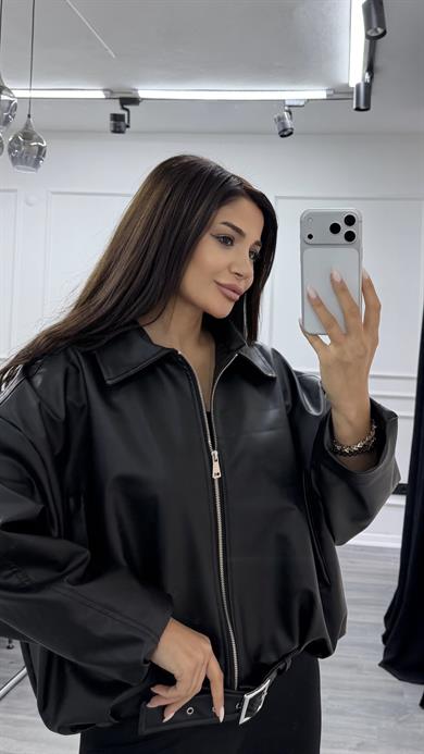 Siyah Beli Kemerli Bomber Oversize Deri Ceket