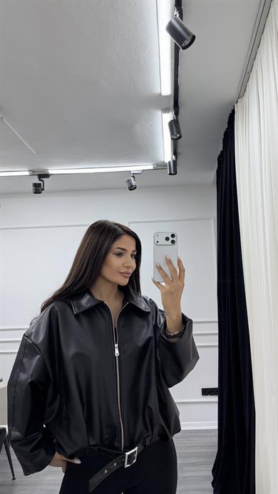Siyah Beli Kemerli Bomber Oversize Deri Ceket