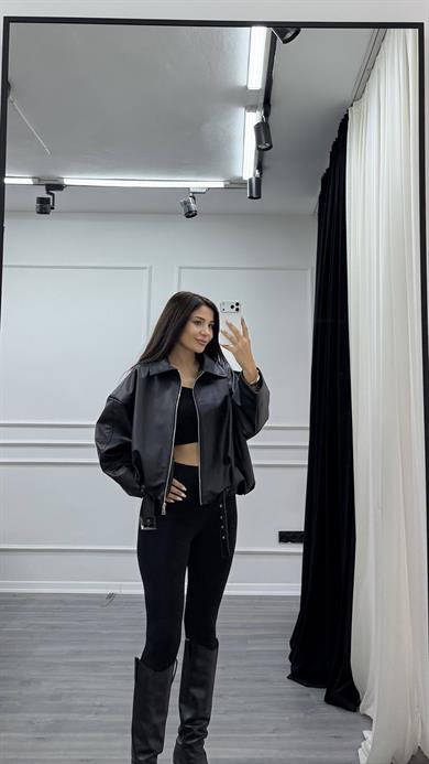 Siyah Beli Kemerli Bomber Oversize Deri Ceket