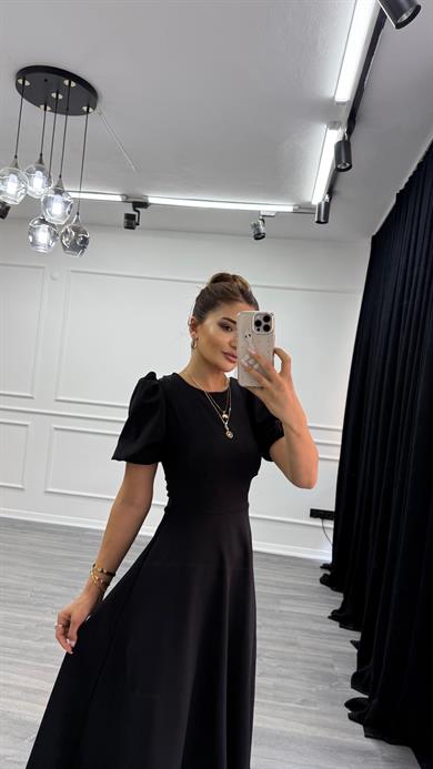 Siyah Bisiklet Yaka Kısa Karpuz Kol Midi Boy Premium Elbise