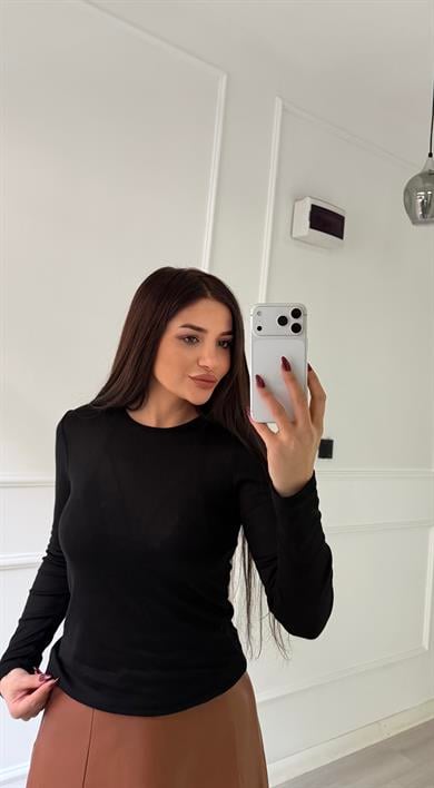 Siyah Bisiklet Yaka Uzun Kollu Transparan Bluz