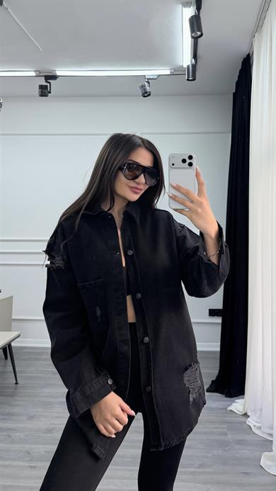 Siyah Denim Gömlek Yaka Elbise