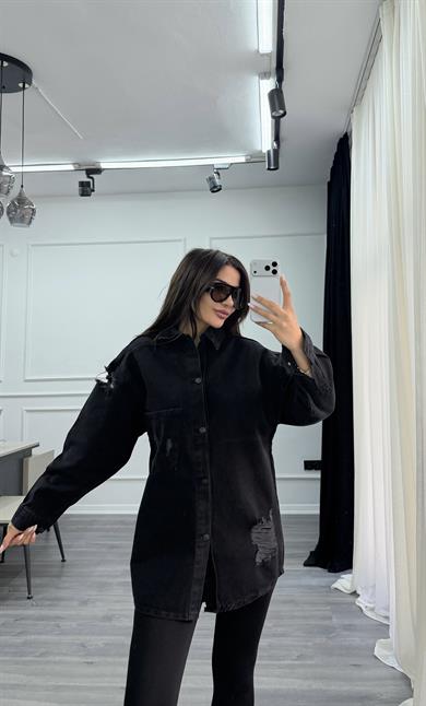 Siyah Denim Gömlek Yaka Elbise