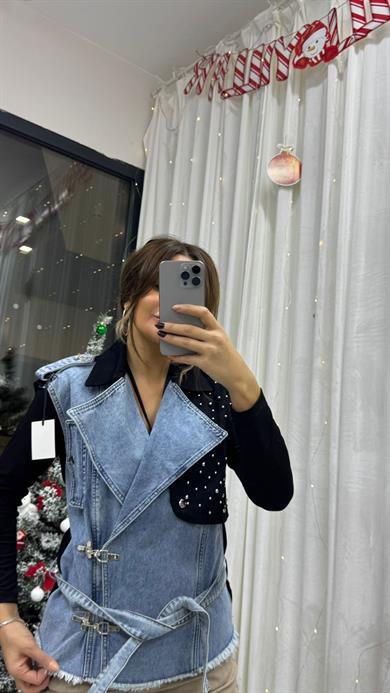 Taş Detaylı Belden Bağlamalı Kolsuz Denim Kumaş Kot Yelek