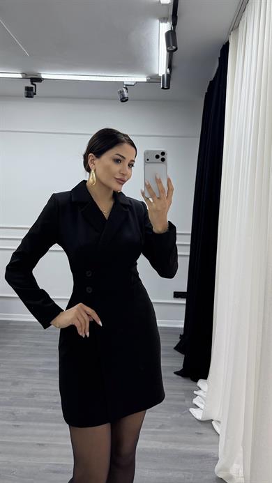 Siyah Düğme Detaylı Kısa Boy Dokuma Ceket Elbise
