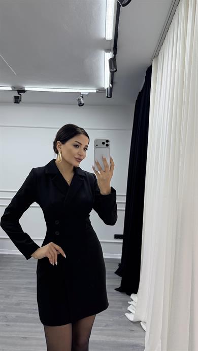 Siyah Düğme Detaylı Kısa Boy Dokuma Ceket Elbise