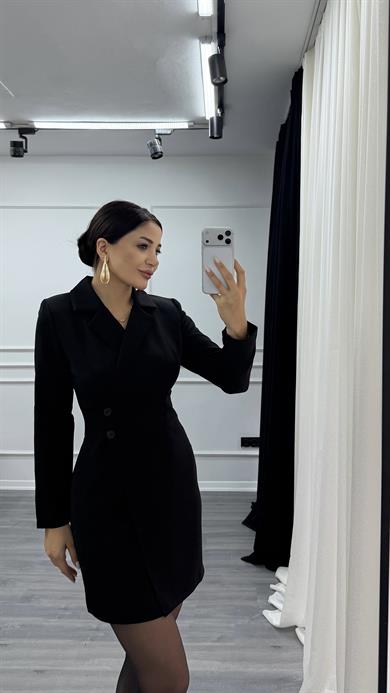 Siyah Düğme Detaylı Kısa Boy Dokuma Ceket Elbise