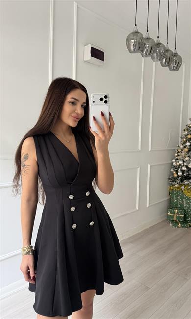 Siyah Düğme Detaylı Kolsuz Kruvaze Yaka Siyah Kloş Abiye Elbise