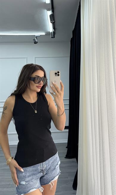 Siyah Esnek Bisiklet Yaka Kaşkorse Geniş Askılı -Bluz