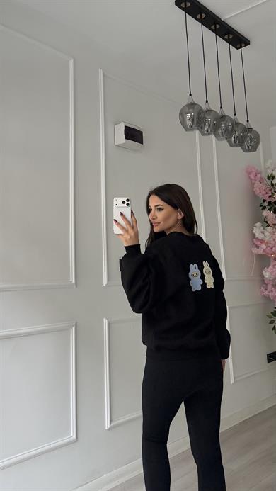 Siyah Labubu Nakışlı Oversize Şardonlu Sweatshirt
