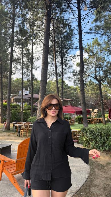 Siyah Müslin Kumaş Rahat Kesim Gömlek Şort İkili Takım