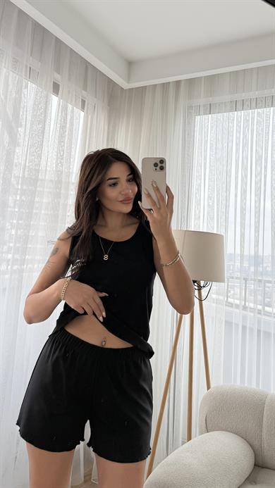 Siyah Pamuklu Dikiş Detaylı Pijama Takımı