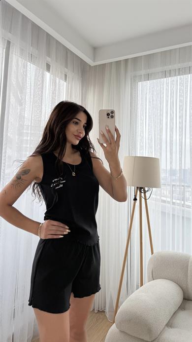 Siyah Pamuklu Dikiş Detaylı Pijama Takımı