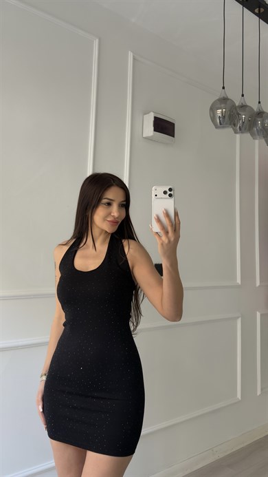 Siyah Parıltılı Halter Yaka Mini Elbise