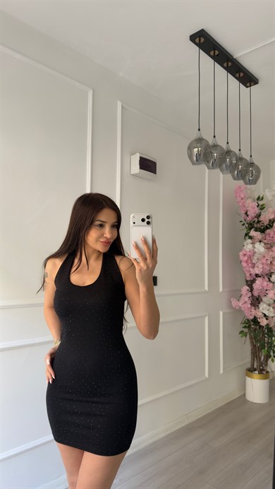Siyah Parıltılı Halter Yaka Mini Elbise