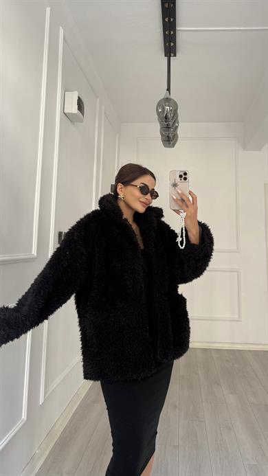 Siyah Peluş Fermuarlı Çift Cepli Kürk