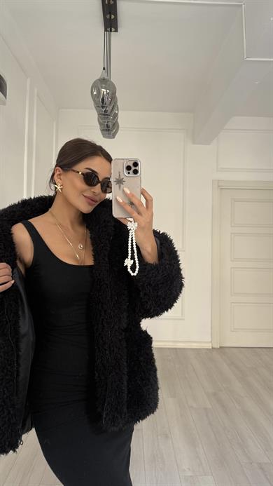 Siyah Peluş Fermuarlı Çift Cepli Kürk