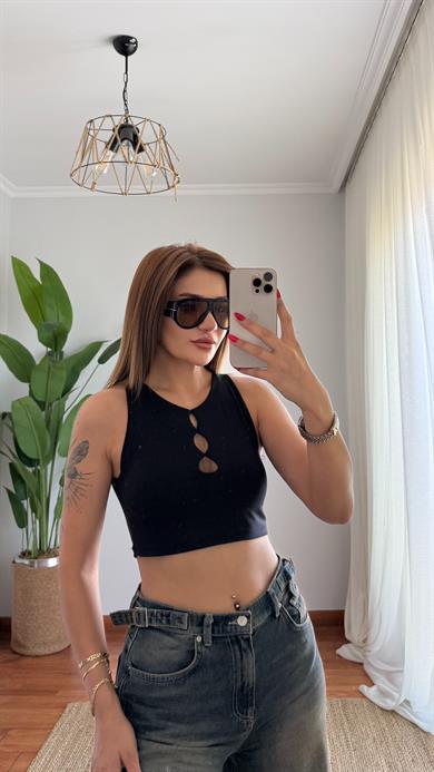 Siyah  Pencere Detayli Kolsuz Crop Büstiyer