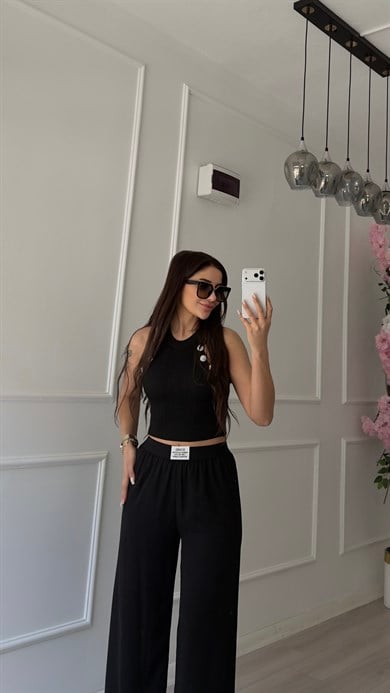Siyah Şifon Astarlı Bol Paça Pantolon 
