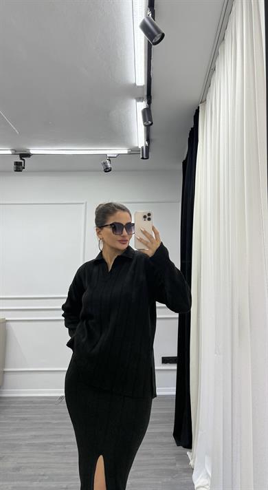 Siyah Triko Kalem Etek Yırtmaçlı