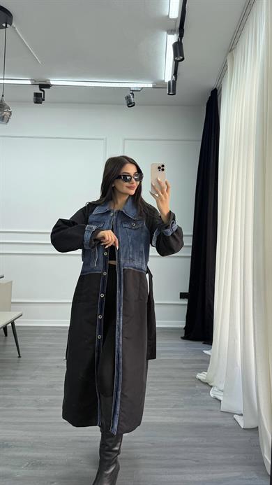 Siyah Uzun Denim Detaylı Kuşaklı Trençkot