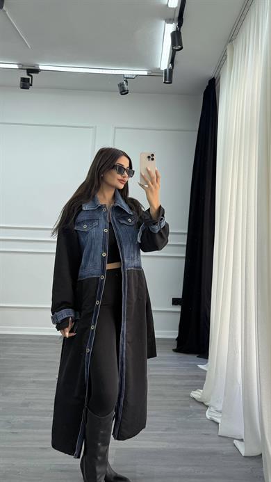 Siyah Uzun Denim Detaylı Kuşaklı Trençkot